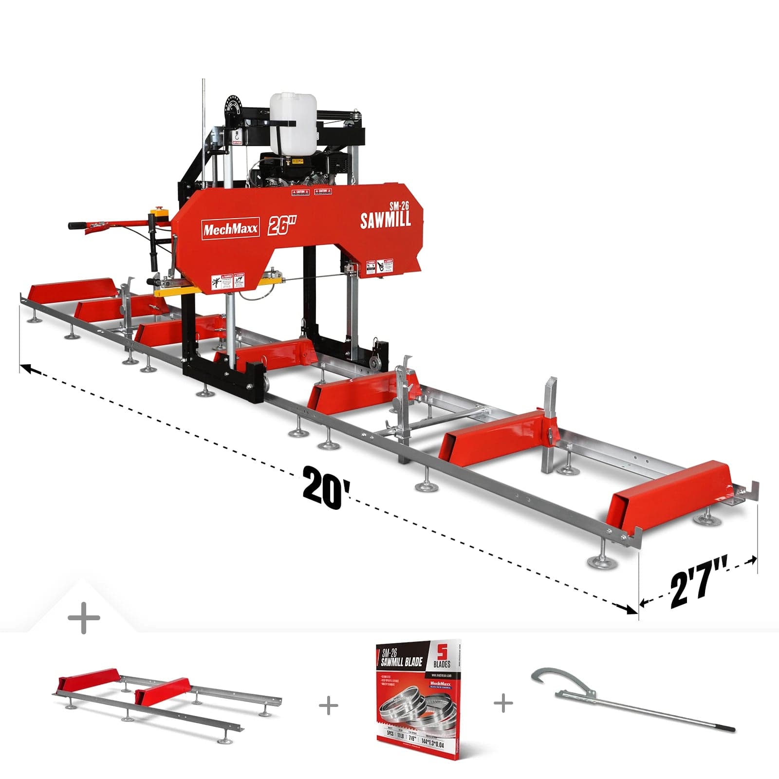26" Portable Sawmill (5x Blades Included), KOHLER CH440 429cc E-Start Gasoline Engine, 20" Board Width, 20' Track Length (13' Track Length + 6.4'...