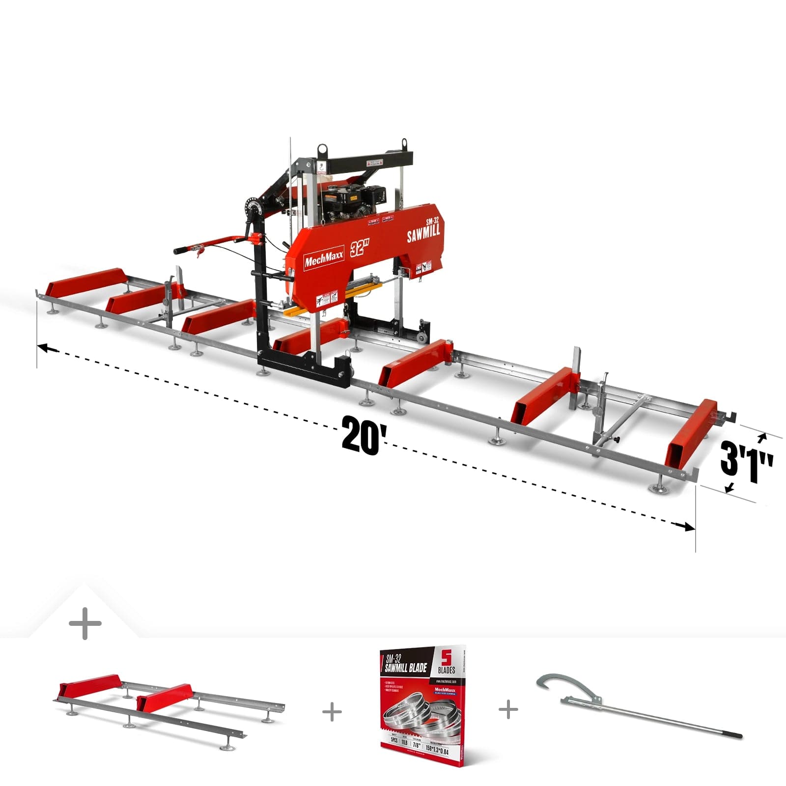 32" Portable Sawmill (5 x Blades Included), 459cc 15HP E-Start Gasoline Engine, 26.5" Board Width, 20' Track Length (13' Track Length + 6.4' Track...