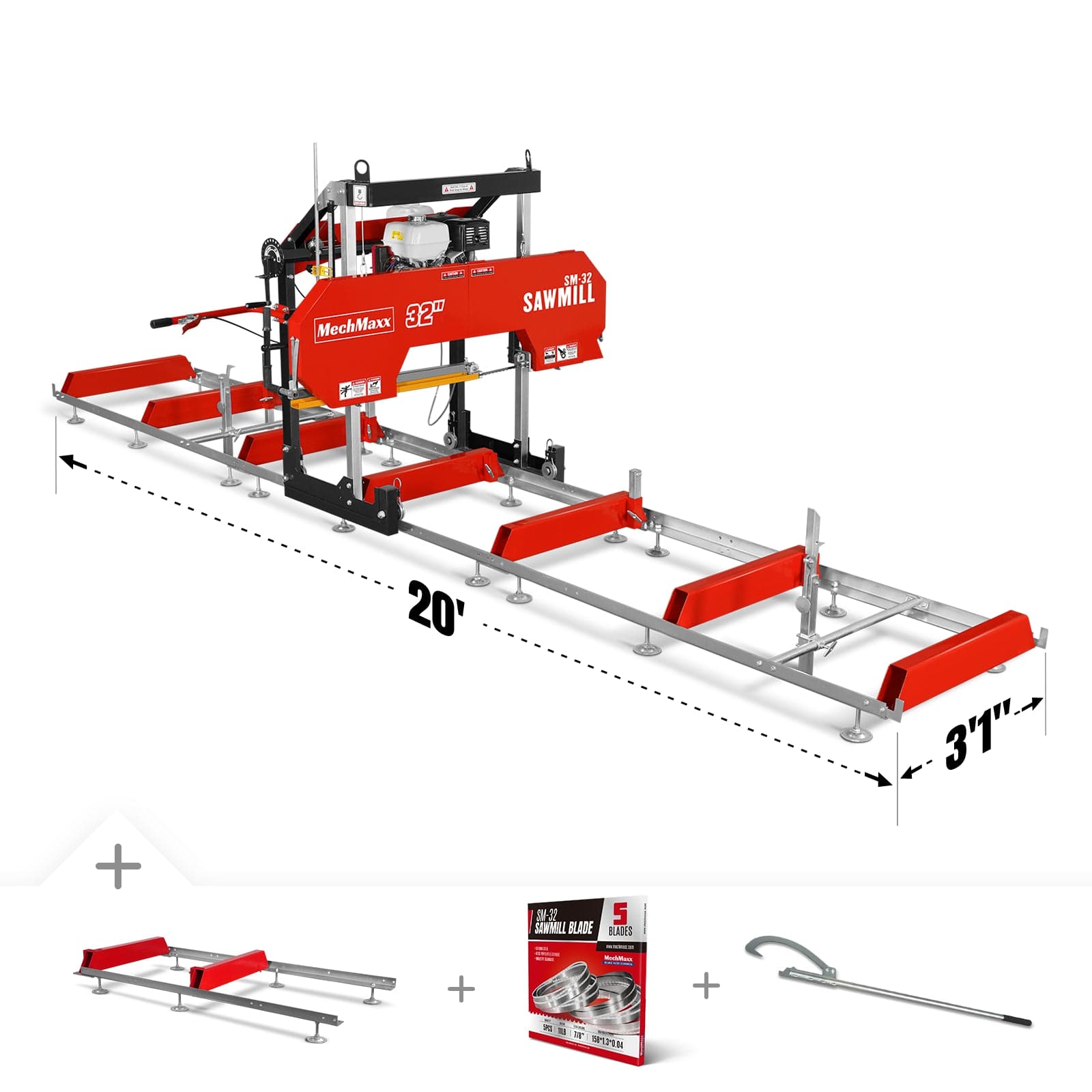 32" Portable Sawmill (5 x Blades Included), HONDA GX390 389cc E-Start Gasoline Engine, 26.5" Board Width, 20' Track Length (13' Track Length + 6.4'...