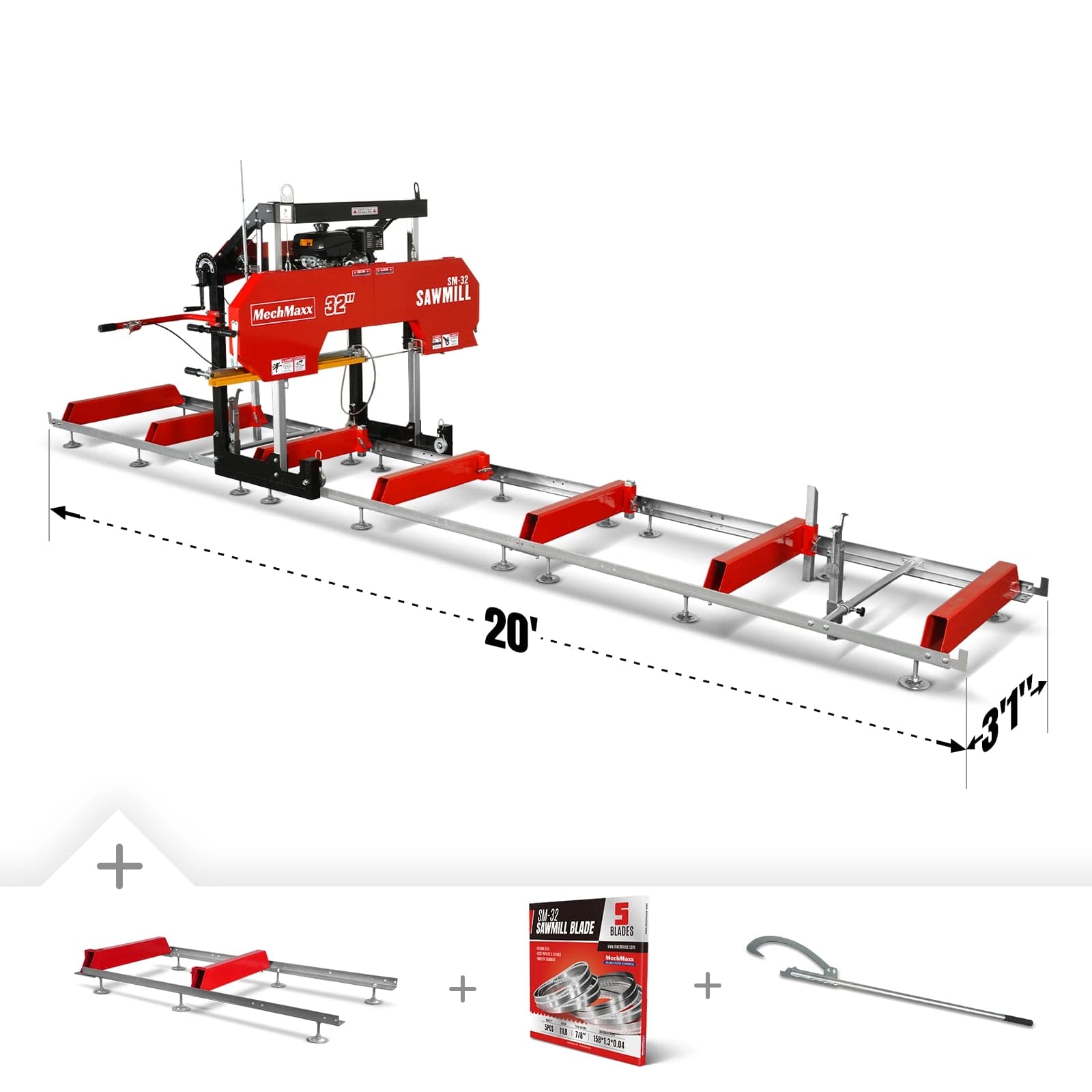 32" Portable Sawmill (5 x Blades Included), KOHLER CH440 429cc E-Start Gasoline Engine, 26.5" Board Width, 20' Track Length (13' Track Length +...
