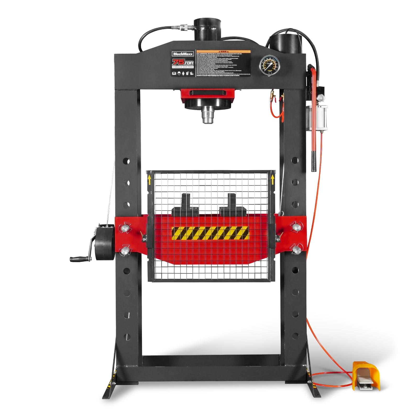 75 Ton H-Frame Air/Hydraulic Shop Press with Hand Winch, Fully Welded Steel Frame, Safety Guard, Foot Pedal Control, HSP75